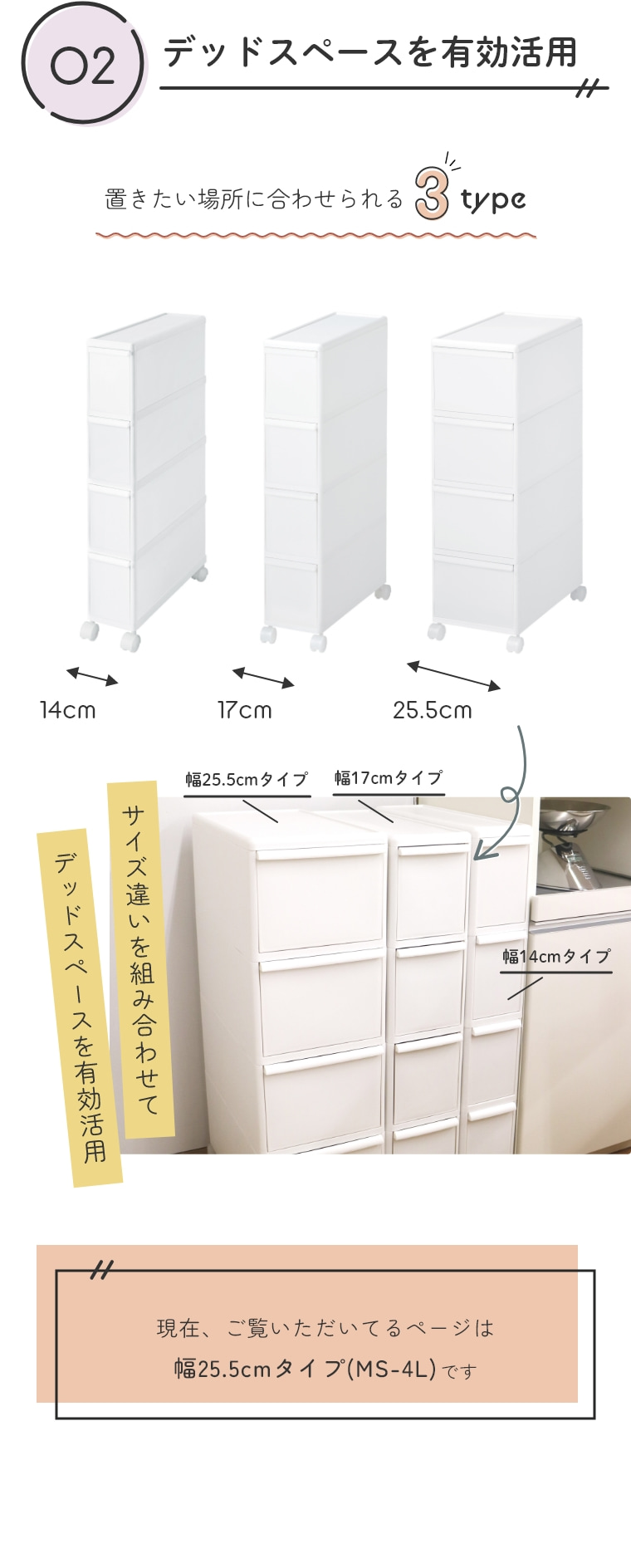 ちょっとしたすき間で使える「隠す」収納 スリムストレージ ミディ