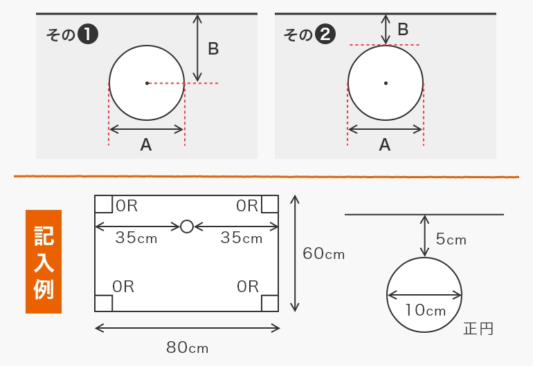 くり抜きがある場合の位置の図り方と記入例
