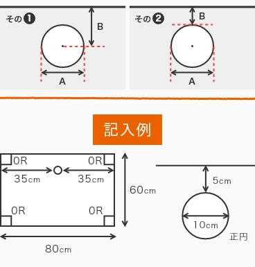 くり抜きがある場合の位置の図り方と記入例